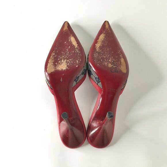 Vintage Gucci D Ring Monogrammed Red Pointed Toe Mules Pumps 37 - Picture 9 of 11